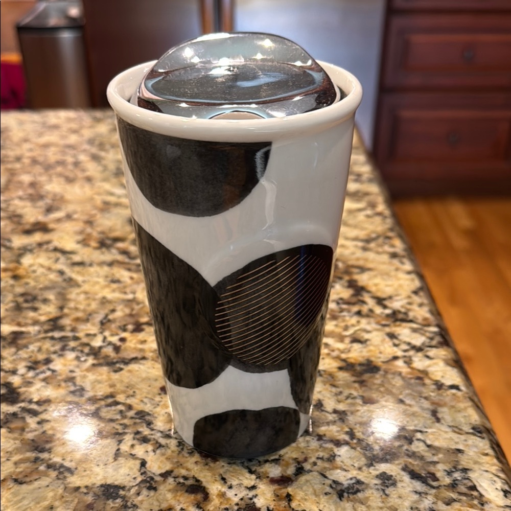 Starbucks Black and White Ceramic Tumbler with metallic lid
